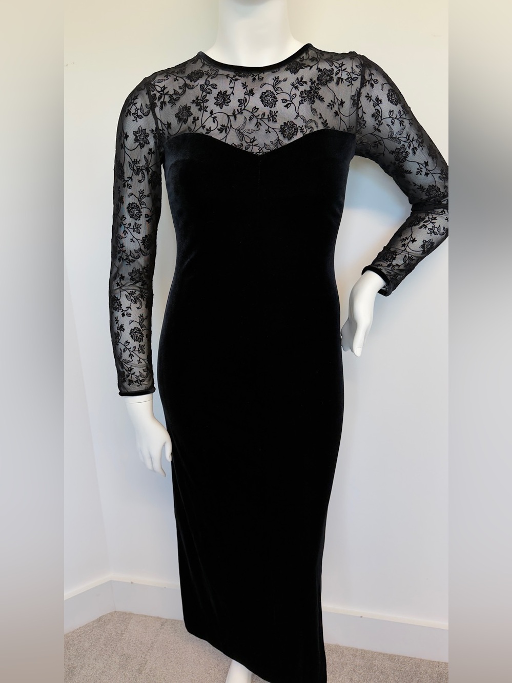Robbie Bee Black Velvet Mesh Floral Midi Dress Size 10